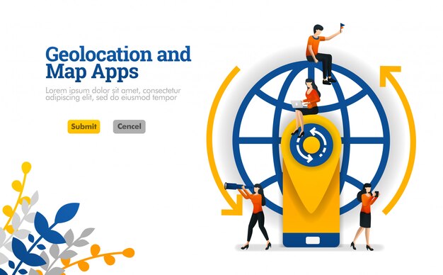 Aplicaciones de geolocation y maps para viajes, vacaciones y viajes concepto de ilustración vectorial Vector Premium