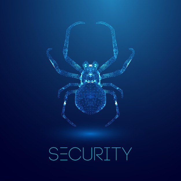 Araña de virus en estilo low poly sobre fondo azul cybercryme