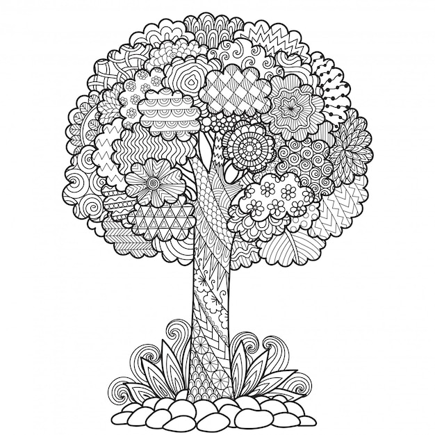 Árbol de estilo zentangle página para colorear Vector Premium