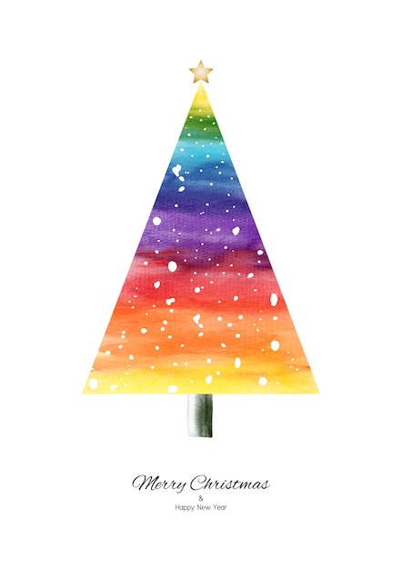Árbol de navidad de acuarela arco iris con nieve cayendo pintado a mano aislado sobre fondo blanco. | Vector Premium
