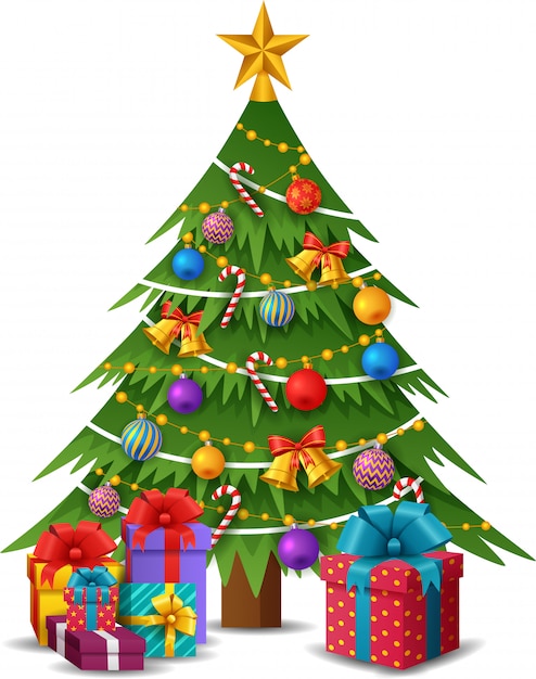 Árbol de navidad con adornos y cajas de regalo Vector Premium