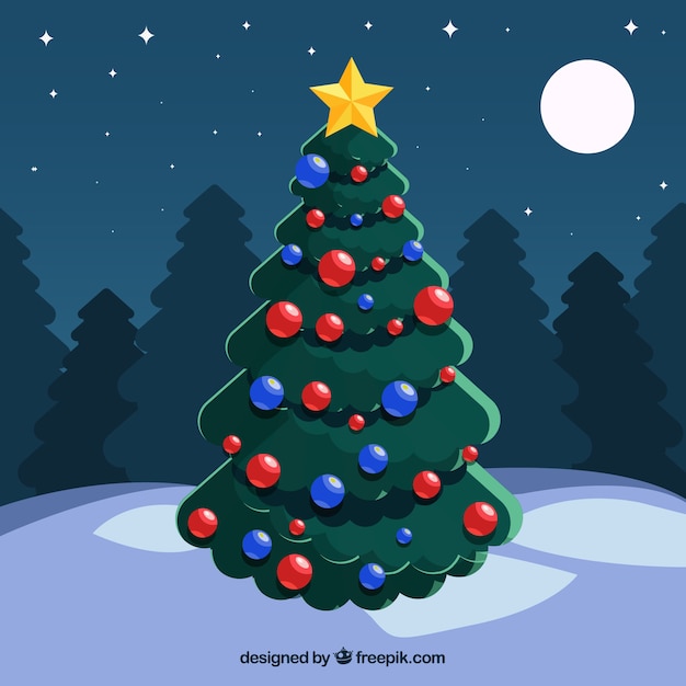 Arbol De Navidad Bonito Con Cielo Nocturno Vector Gratis