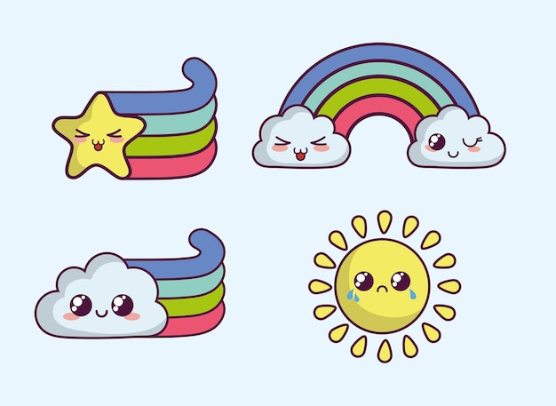 Arco iris kawaii e iconos lindos sobre fondo azul | Vector Premium