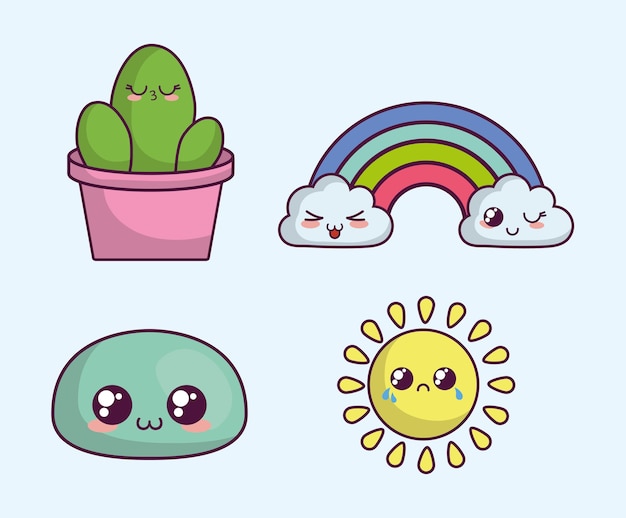 Arco iris kawaii e iconos lindos sobre fondo azul | Vector Premium