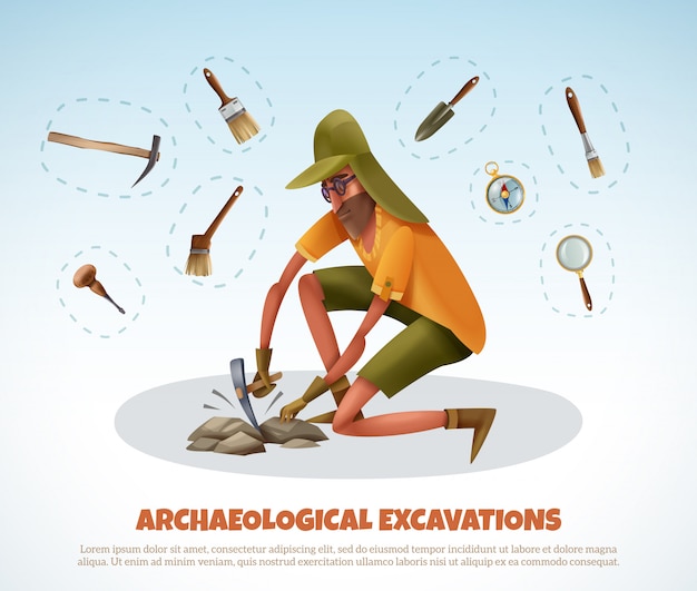 Arqueologia Con Hombre De Estilo Doodle Excavando Tierra Y Piezas Aisladas De Equipos De Excavacion Con Texto Vector Gratis