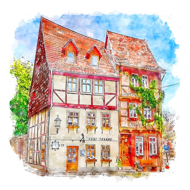 Arquitectura alemania acuarela dibujo dibujado a mano ilustración ...