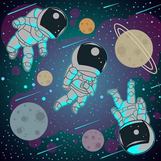 Astronauta color completo tres poste Vector Premium
