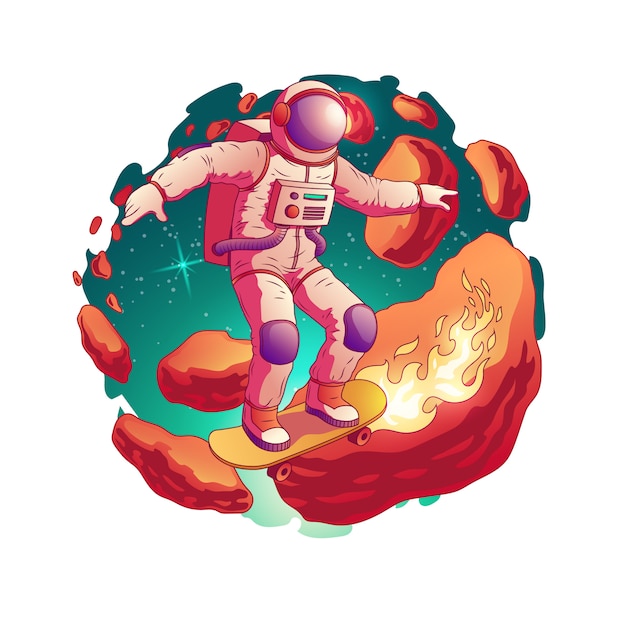 El astronauta en el monopatín del montar a caballo del traje espacial con el fuego de las ruedas en la correa de los asteroides en el icono del vector de la historieta del espacio exterior aislado. futuro adolescente fantástico concepto de placer y diversión. vector gratuito