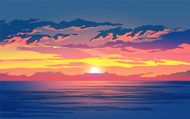 Atardecer En El Paisaje Natural Del Mar Vector Premium