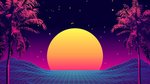 Atardecer Tropical Estilo Retro De Los A Os Con Silueta De Palmera Y