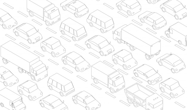 Atasco de tráfico, transporte de enchufe de coche carretera carretera. un montón de autos. las líneas grises delinean el estilo de contorno. Vector Premium