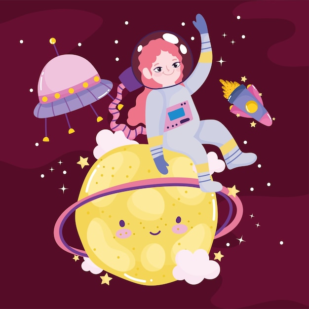 Aventura Espacial Dibujos Animados Lindo Astronauta Lanzadera Planeta Ovni Y Luna Vector Premium