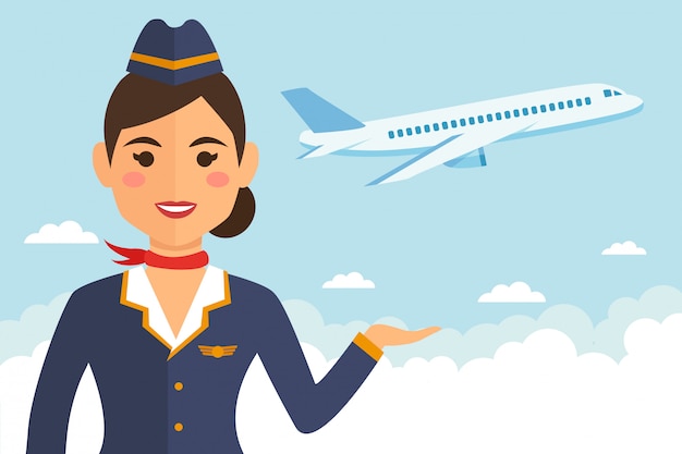 Azafata en uniforme con tierra y avión | Vector Premium