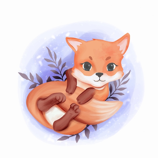 Download Baby fox adorable juego con su cola | Vector Premium
