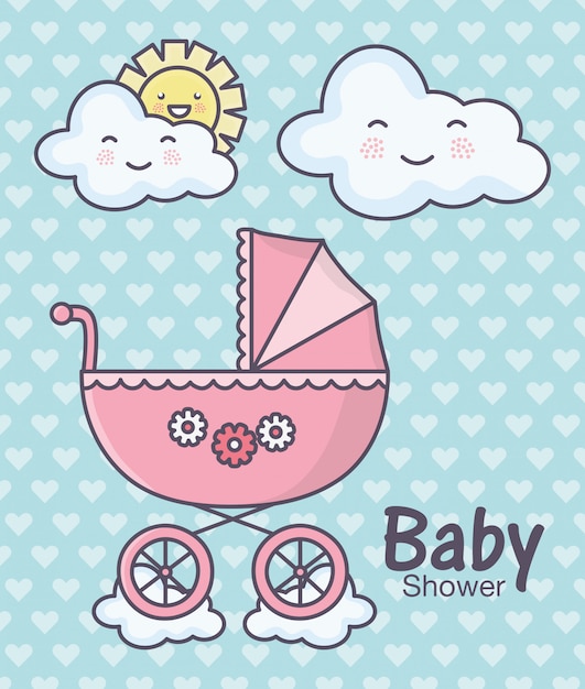 Vector Premium Baby Shower Rosa Cochecito De Nino Nubes Sol Dibujos Animados Corazones Fondo