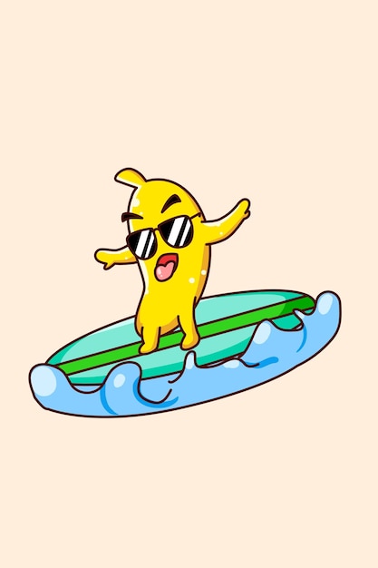 Banana Feliz Surfeando En El Mar En La Ilustración De Dibujos Animados