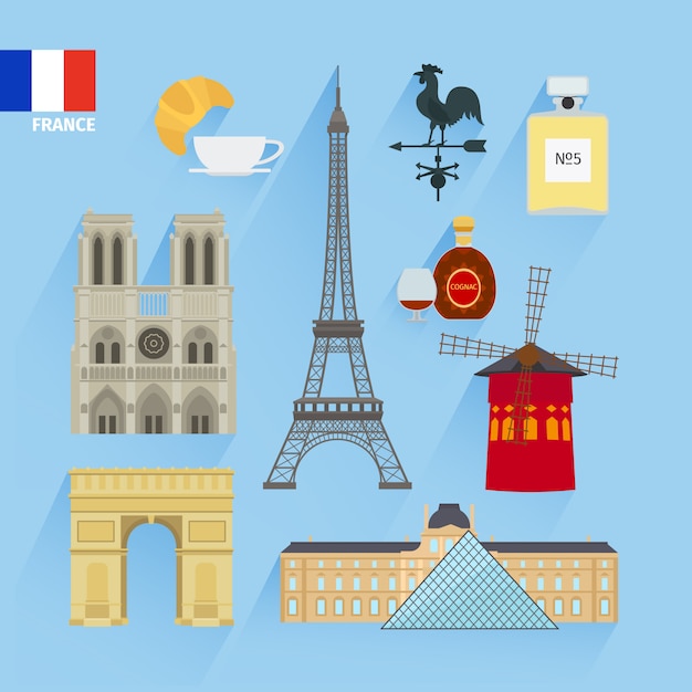 Bandera De Francia Y Monumentos De Paris Vector Premium