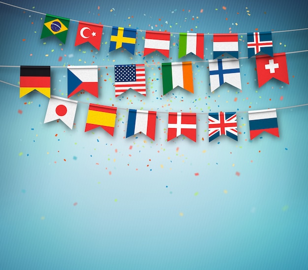 Banderas de colores de diferentes países del mundo con confeti sobre