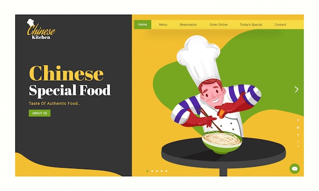 Banner web o página de inicio, personaje de chef que presenta fideos con aspersión de comida especial china. Vector Premium
