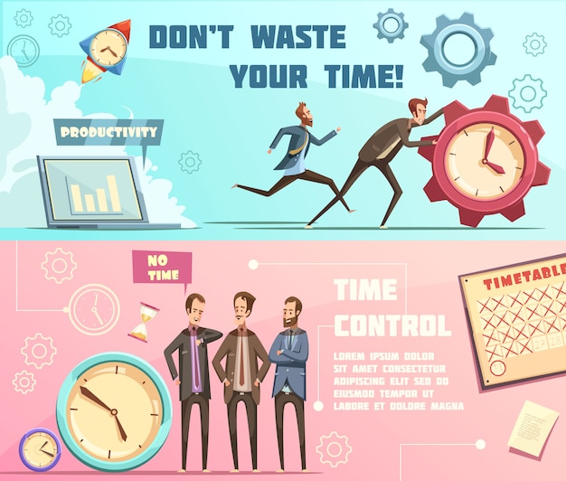 Banners horizontales en estilo retro de dibujos animados con gestión del tiempo que incluye planificación y productividad efectivas vector gratuito
