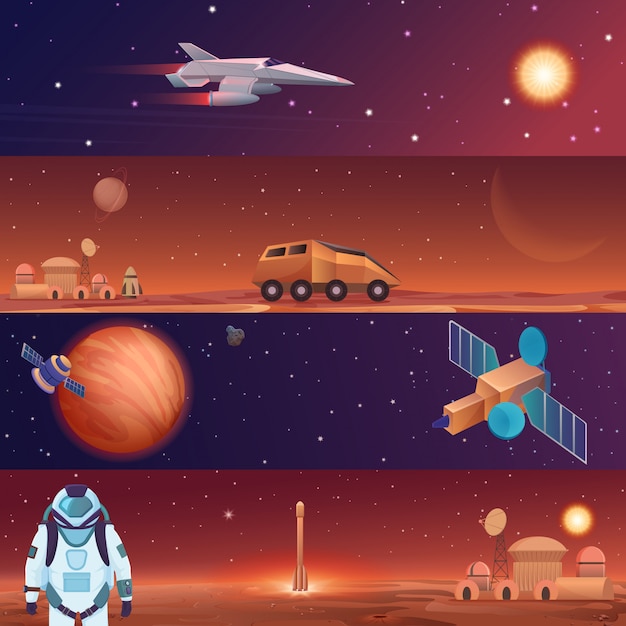 Banners de ilustración vectorial de exploración de naves espaciales de vuelo espacial marte en