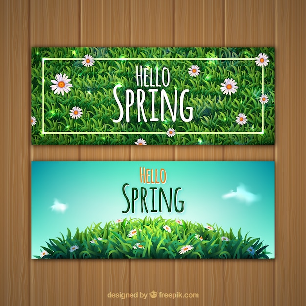 Banners de primavera con hierba | Vector Premium