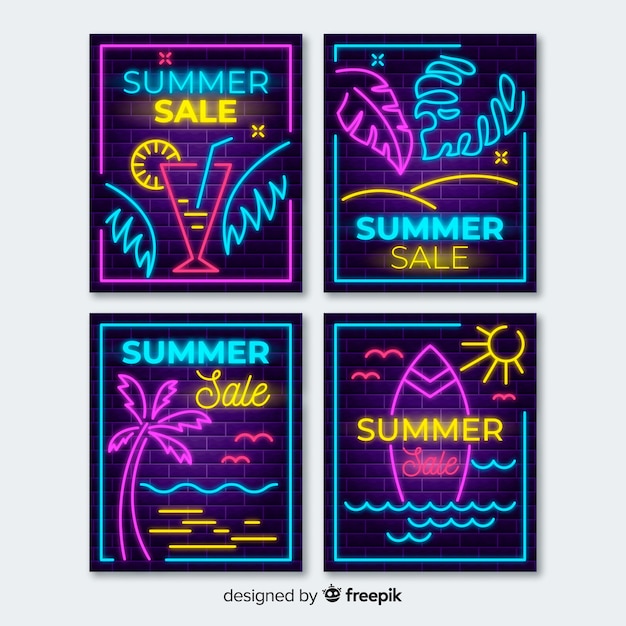 Banners de rebajas veraniegas con luces de neón vector gratuito