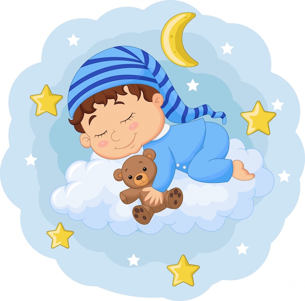 Bebe De Dibujos Animados Durmiendo Con Osito De Peluche En Las Nubes Vector Premium