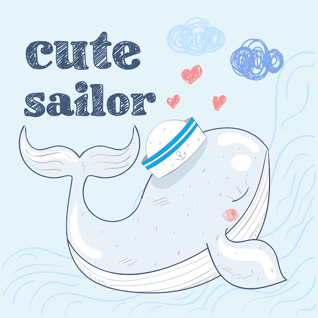 Bebe Lindo Ballena En Un Traje De Marinero Dibujado A Mano Ilustracion Vectorial De Dibujos Animados Vector Premium