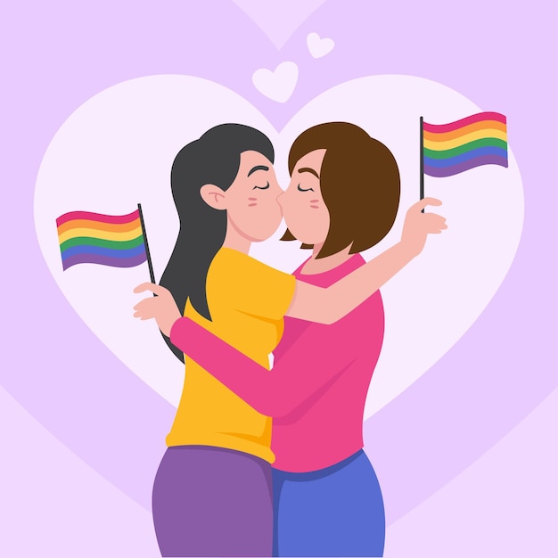 Beso De Pareja De Lesbianas De Diseño Plano Ilustrado Vector Gratis