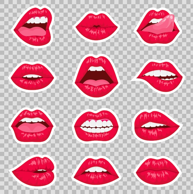 Besos Rojos Y Labios De Dibujos Animados Sonrientes Aislaron Iconos Decorativos Para La