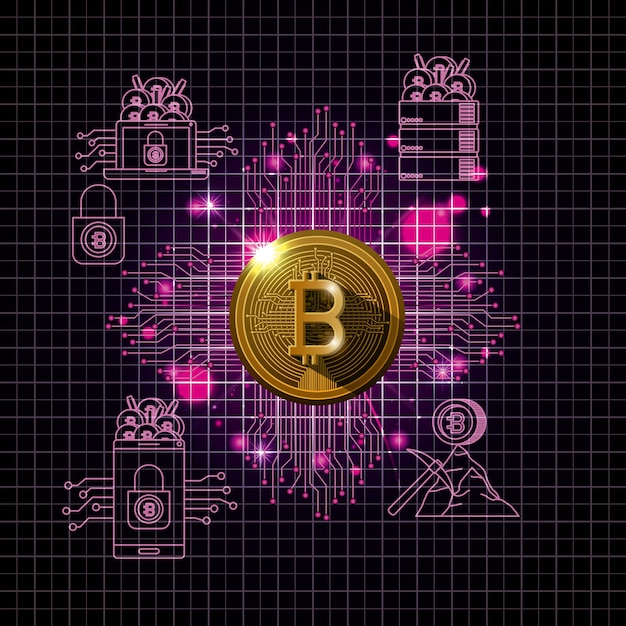 Bitcoin minería conjunto iconos vector ilustración diseño