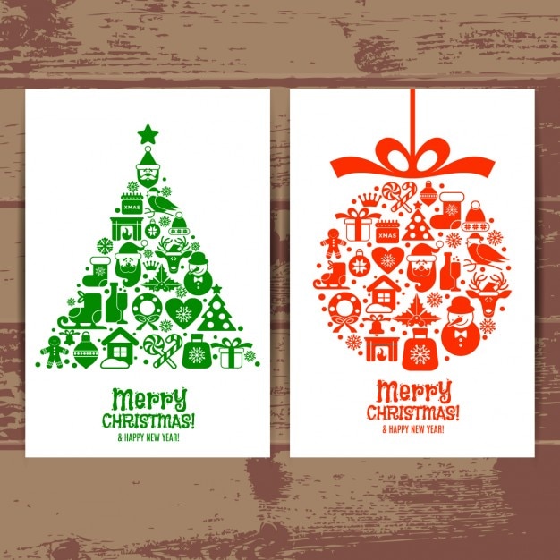 Bonitas tarjetas de feliz navidad de árbol y bola | Vector Gratis