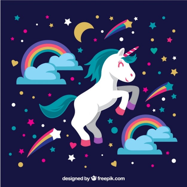 Bonito Unicornio Con Arcoiris Y Estrellas Vector Premium