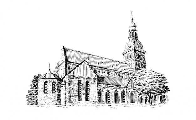 Bosquejo De Dibujo En Blanco Y Negro De La Catedral De Riga Dome