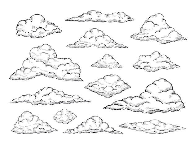 Vector Premium Bosquejo De Nubes Dibujado A Mano Cielo Cloudscape Esquema De Dibujo Coleccion Vintage Vector De Nube