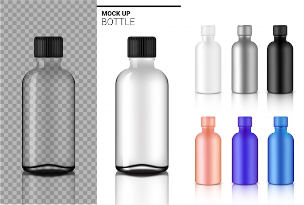 Botella mock up realista transparente blanco, negro y ampolla de vidrio o gotero de plástico embalaje Vector Premium