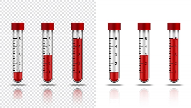 Botella de sangre tubo de ensayo transparente realista plástico o vidrio para ciencia y aprendizaje en blanco ilustración atención médica y médica Vector Premium