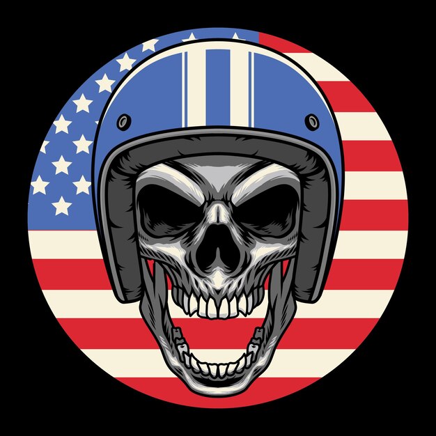 Cabeza de calavera con casco vintage azul con círculo bandera americana