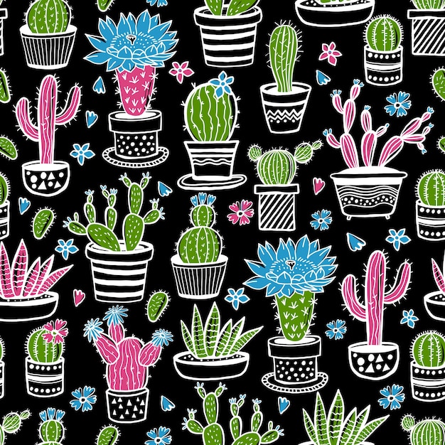 Cactus Y Suculentas Dibujadas A Mano De Patrones Sin Fisuras En El Estilo De Dibujo En Negro Doodle Colores Flores En Macetas Coloridas Plantas De Interior De Casa Linda Vector Premium