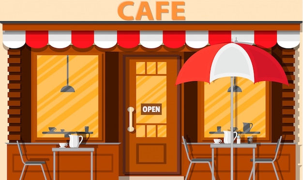 Cafetería exterior. edificio de restaurante en la calle. | Vector Premium