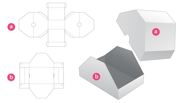 Caja superior triangular de cartón y plantilla troquelada de tapa