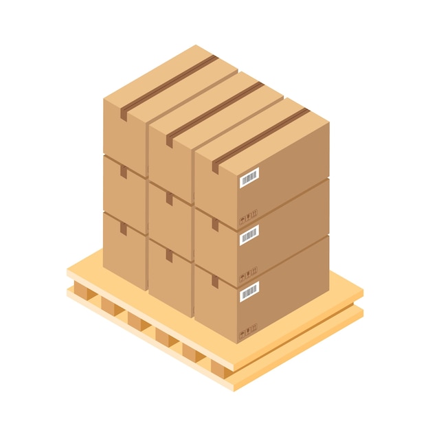 Cajas De Carton Marron Isometricas En Palet De Madera Caja De Piezas De Almacen En Bandeja De Madera Caja De Carga Aislada Vector Premium