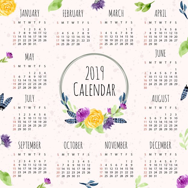 Calendario 2019 Con Marco Floral Acuarela Descargar