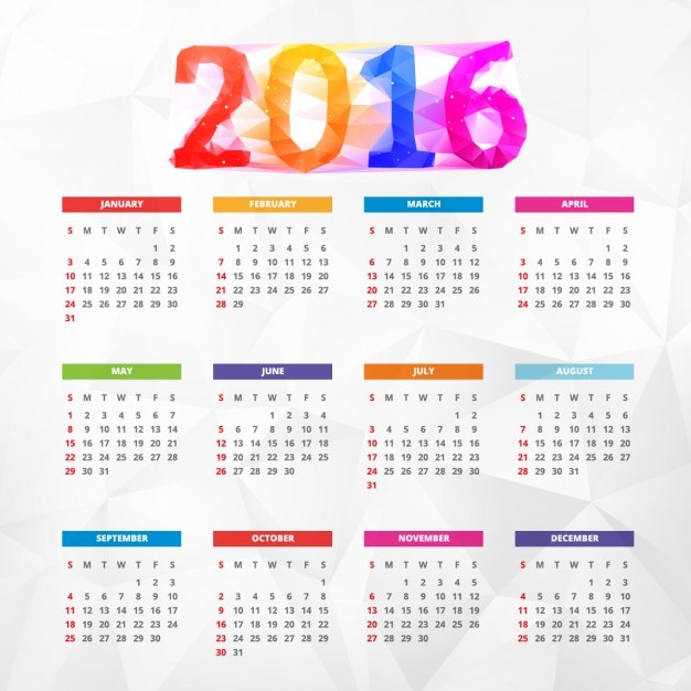 Calendario De Año Nuevo 2016 Colorido Poligonal Descargar Vectores Gratis