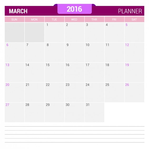 Calendario de marzo 2016 Vector Gratis