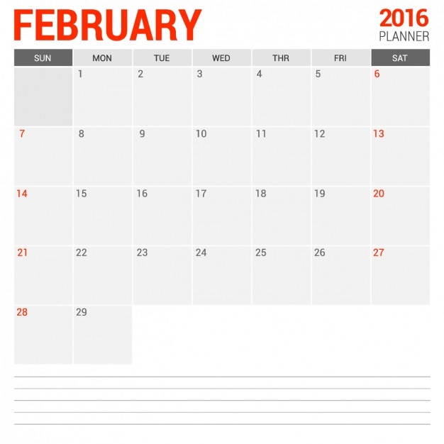 Calendario mensual febrero 2016 Vector Gratis