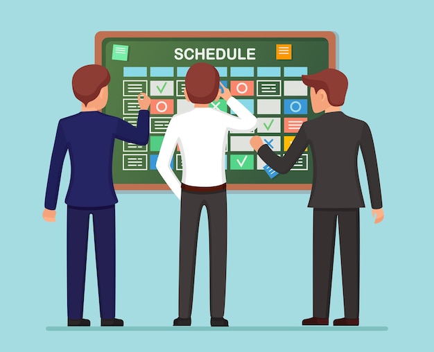 Calendario De Planificacion En Concepto De Tablero De Tareas Planificador Calendario En Pizarra Lista De Eventos Para Empleado Trabajo En Equipo Colaboracion Concepto De Gestion Del Tiempo Empresarial Diseno Plano Vector