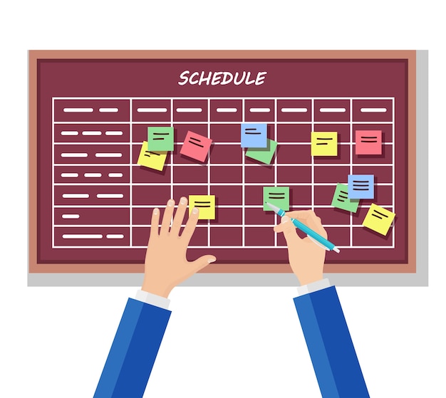 Calendario De Planificacion En Concepto De Tablero De Tareas Planificador Calendario En La Pizarra Lista De Eventos Para Empleado Trabajo En Equipo Colaboracion Concepto De Gestion Del Tiempo Empresarial Vector Premium