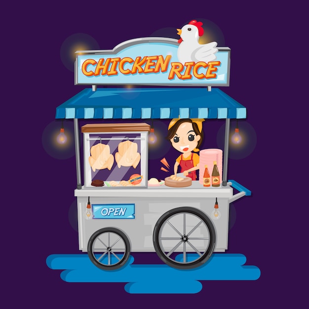 Camión de comida de arroz con pollo tailandés. mujer chuletas de pollo para arroz con pollo en camión de comida. Vector Premium